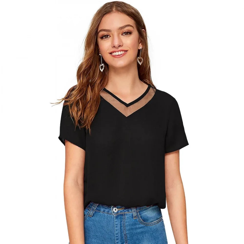 Vaystra polyester knitting western wear t-shirt, black