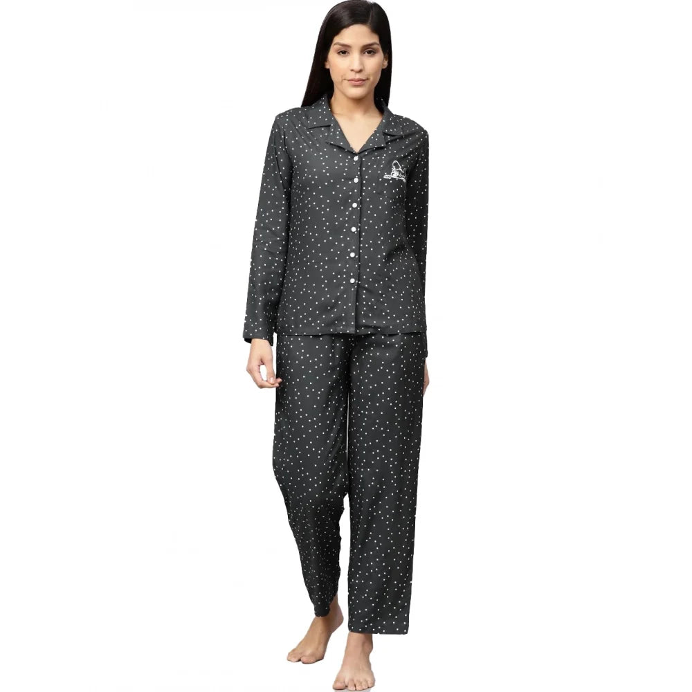 Vaystra polka dot printed rayon night suit set, grey