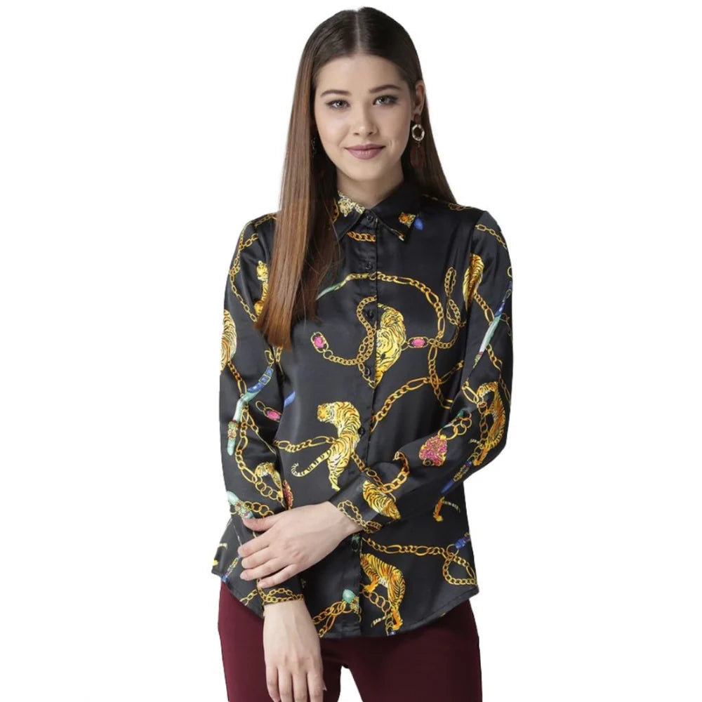 Vaystra satin printed long sleeve shirt, black and gold