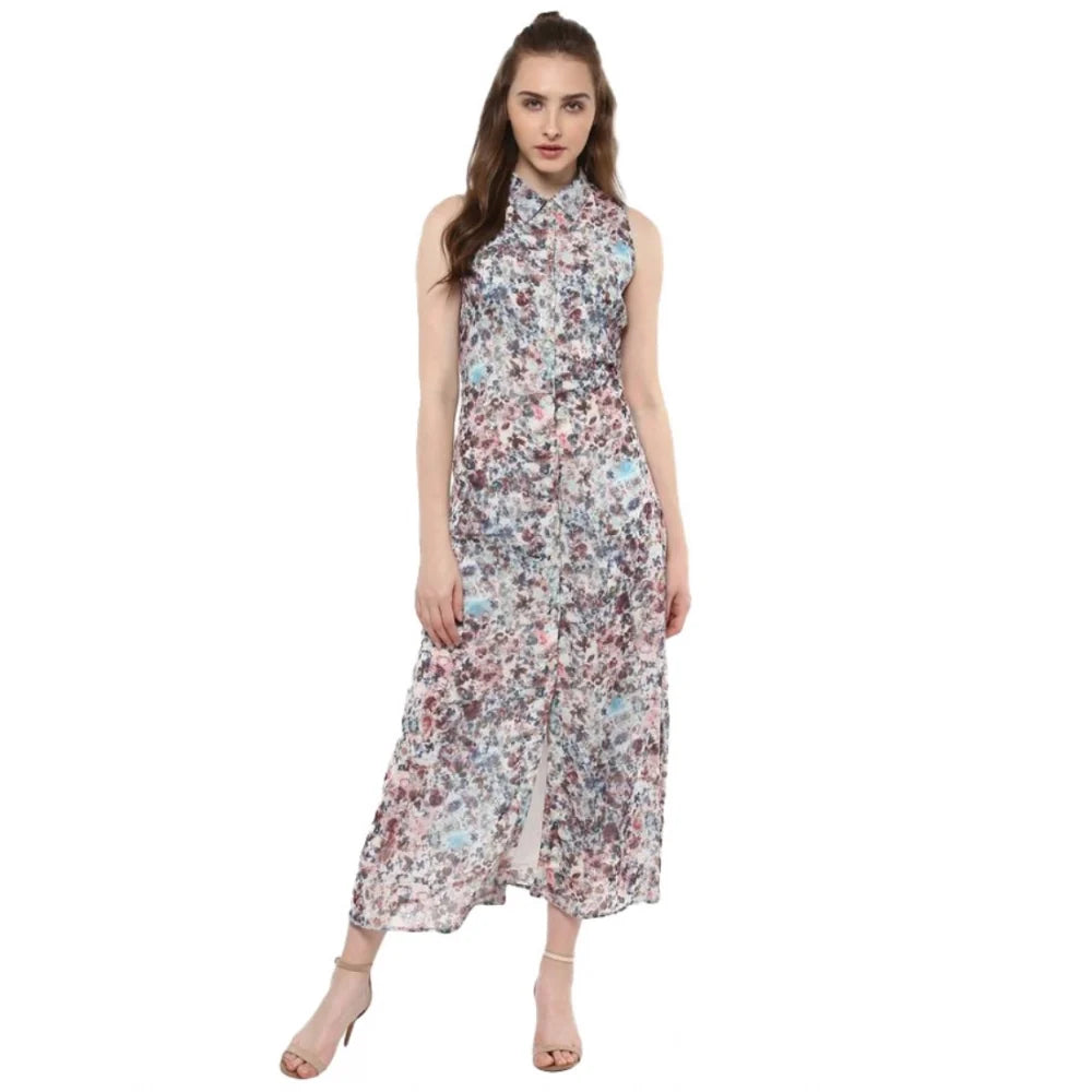 Vaystra polyester chiffon printed sleeveless dress, multicolor