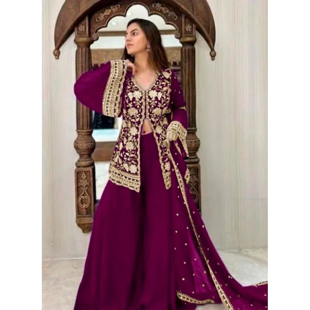 Vaystra georgette embroidery kurti, palazzo and dupatta set, wine