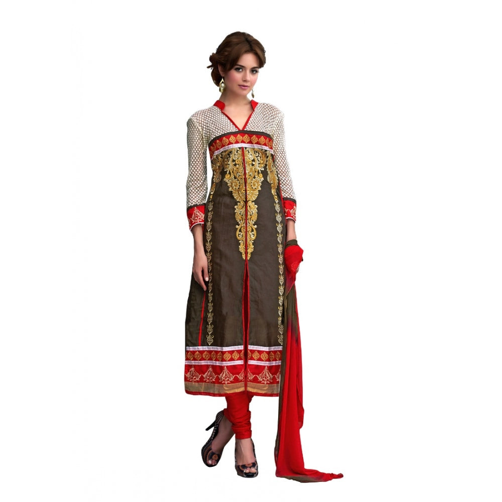 Vaystra Glaze Cotton Unstitched Salwar Suit-Material With Dupatta – Brown