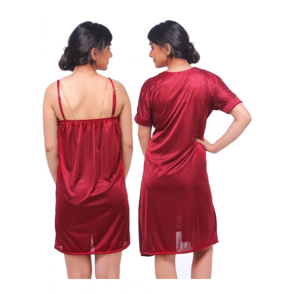 Vaystra Satin 2 PCs Set Of Nighty And Wrap Gown with Half Sleeve Nightdress – Maroon