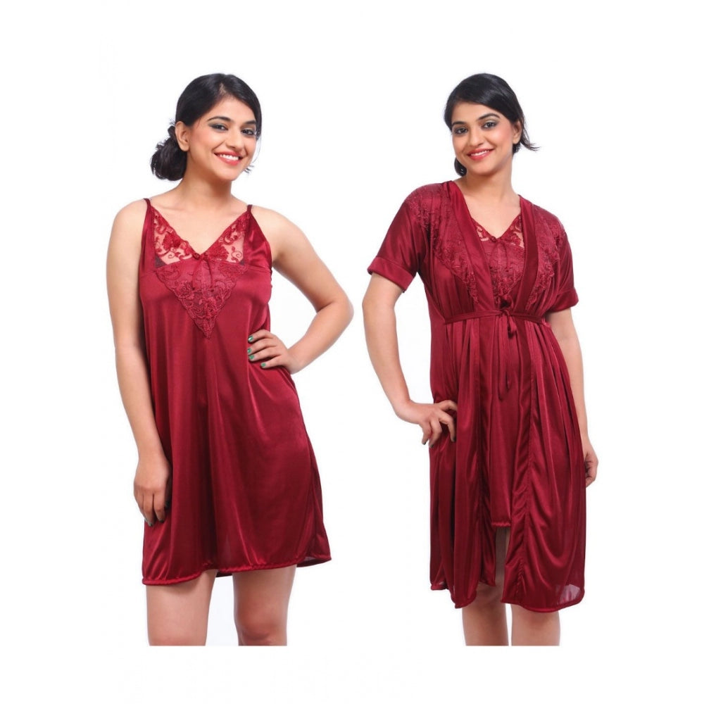 Vaystra Satin 2 PCs Set Of Nighty And Wrap Gown with Half Sleeve Nightdress – Maroon