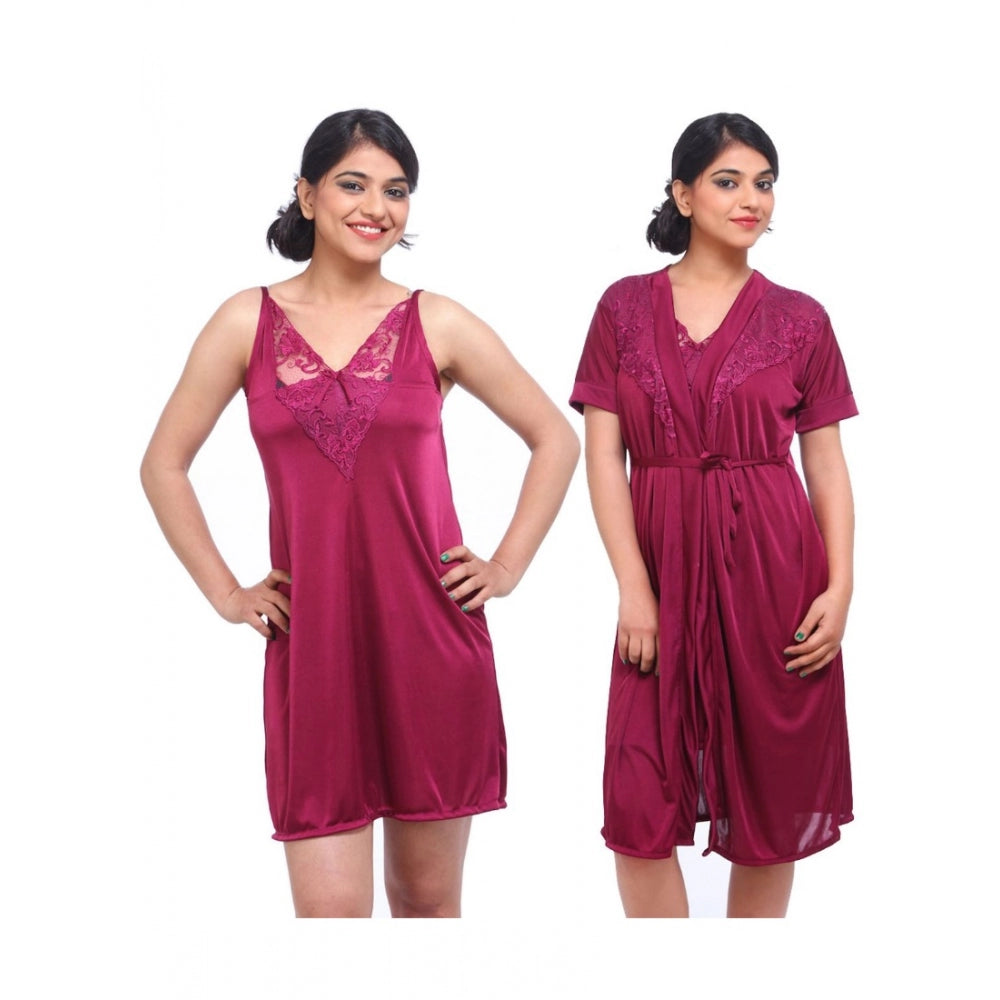 Vaystra Satin 2 PCs Set Of Nighty And Wrap Gown with Half Sleeve Nightdress – Wine
