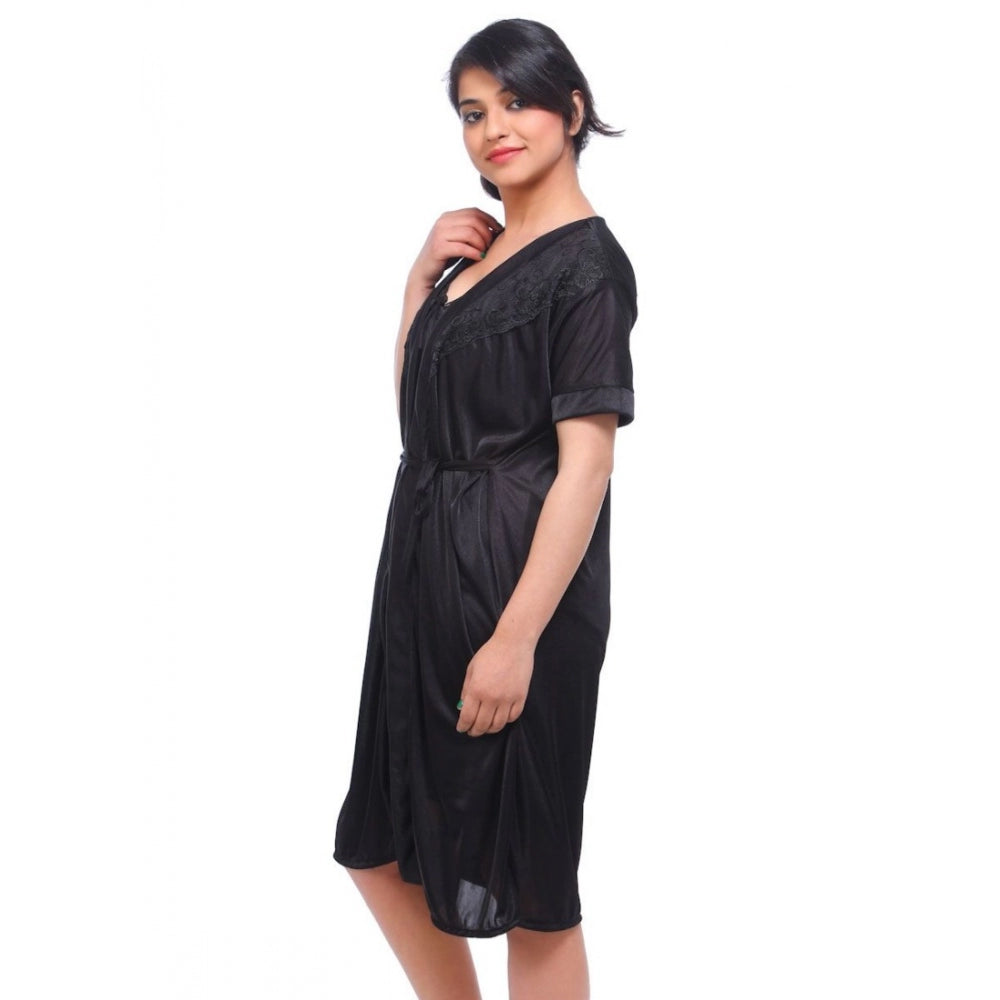 Vaystra Satin 2 PCs Set Of Nighty And Wrap Gown with Half Sleeve Nightdress – Black