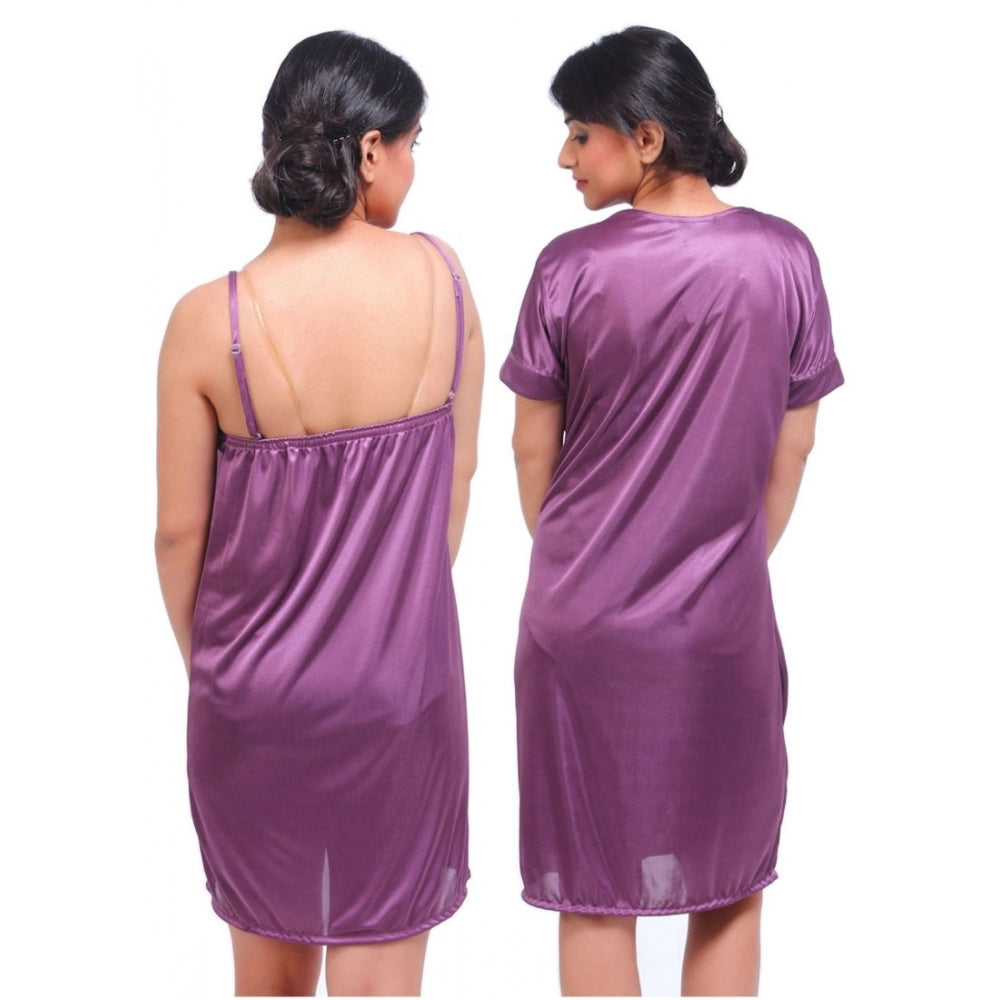 Vaystra Satin 2 PCs Set Of Nighty And Wrap Gown with Half Sleeve Nightdress – Purple
