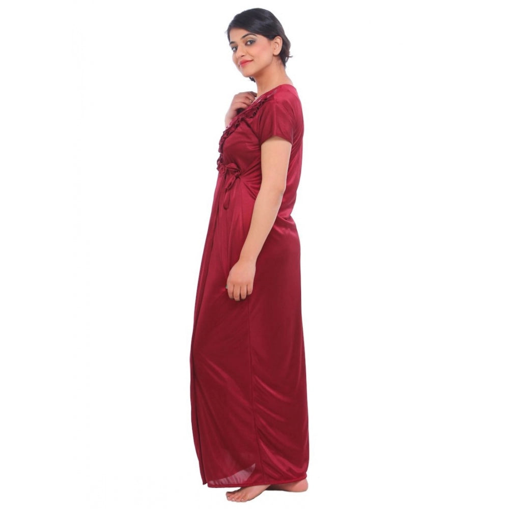Vaystra Satin 2 PCs Set Of Nighty And Wrap Gown Mega Sleeve – Maroon