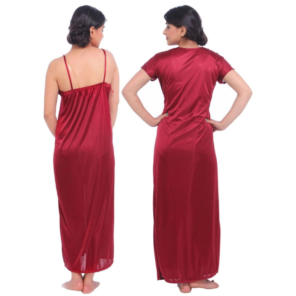 Vaystra Satin 2 PCs Set Of Nighty And Wrap Gown Mega Sleeve – Maroon
