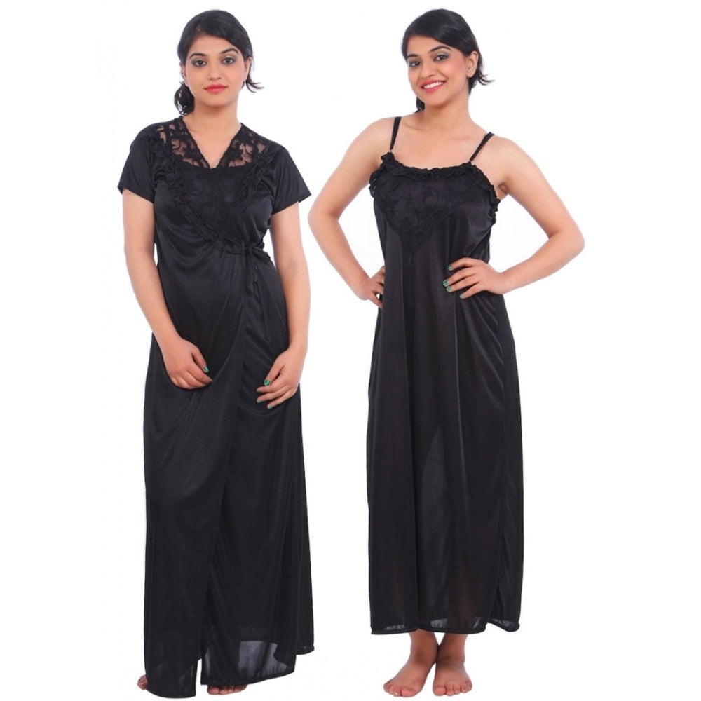 Vaystra Satin 2 PCs Set Of Nighty And Wrap Gown Mega Sleeve – Black