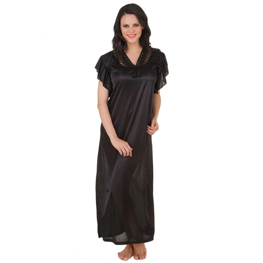 Vaystra Satin Long Nighty Frill Sleeve – Black