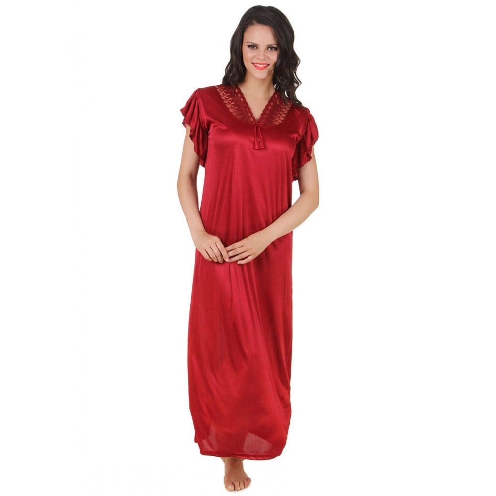 Vaystra Satin Long Nighty Frill Sleeve – Maroon