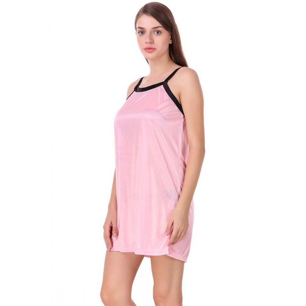 Vaystra Satin Short Nighty with Half Sleeve – Baby Pink & Black