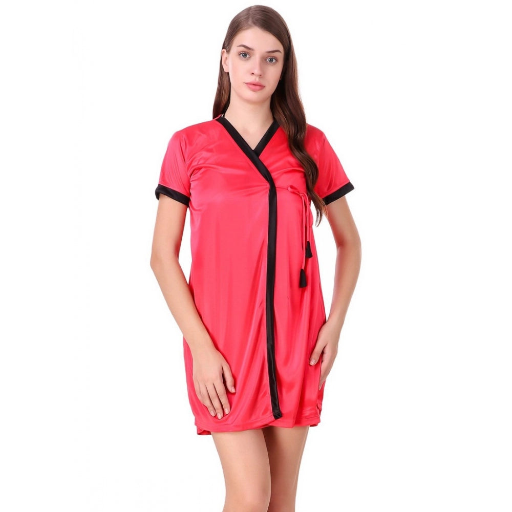 Vaystra Satin Short Wrap Gown with Half Sleeve – Coral Red & Black
