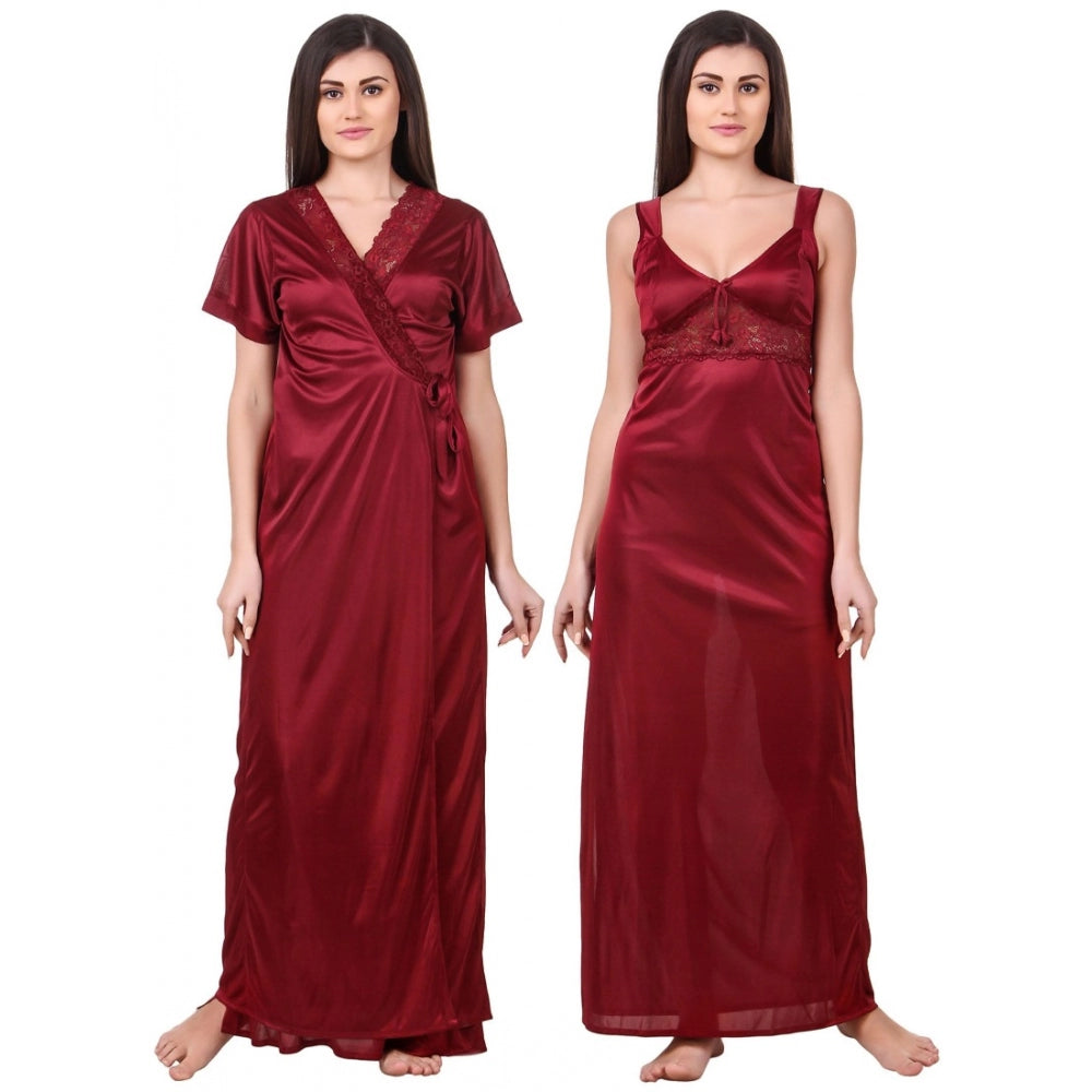 Vaystra Satin 2 PCs Set of Nighty And Wrap Gown with Half Sleeve – Maroon