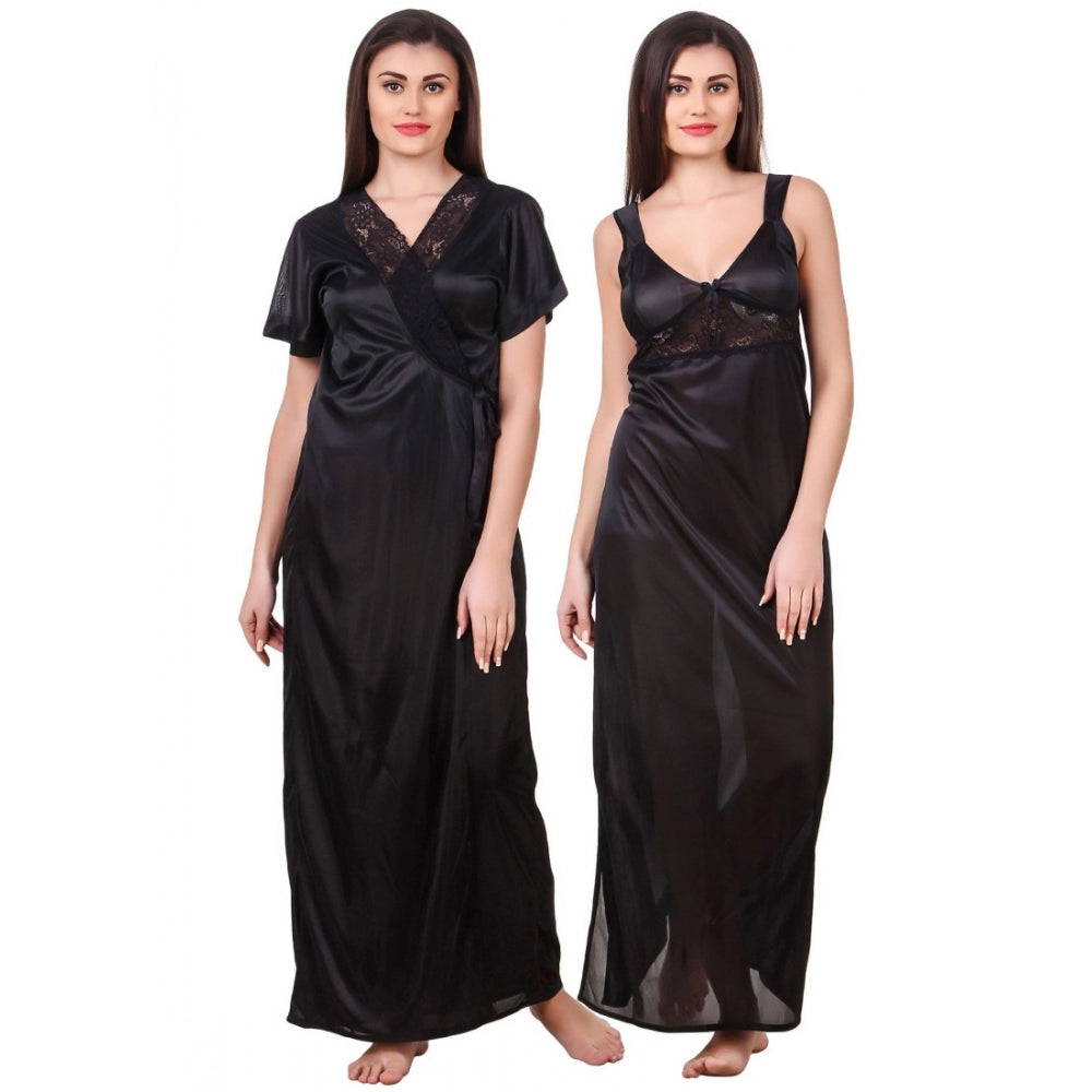 Vaystra Satin 2 PCs Set of Nighty And Wrap Gown with Half Sleeve – Black