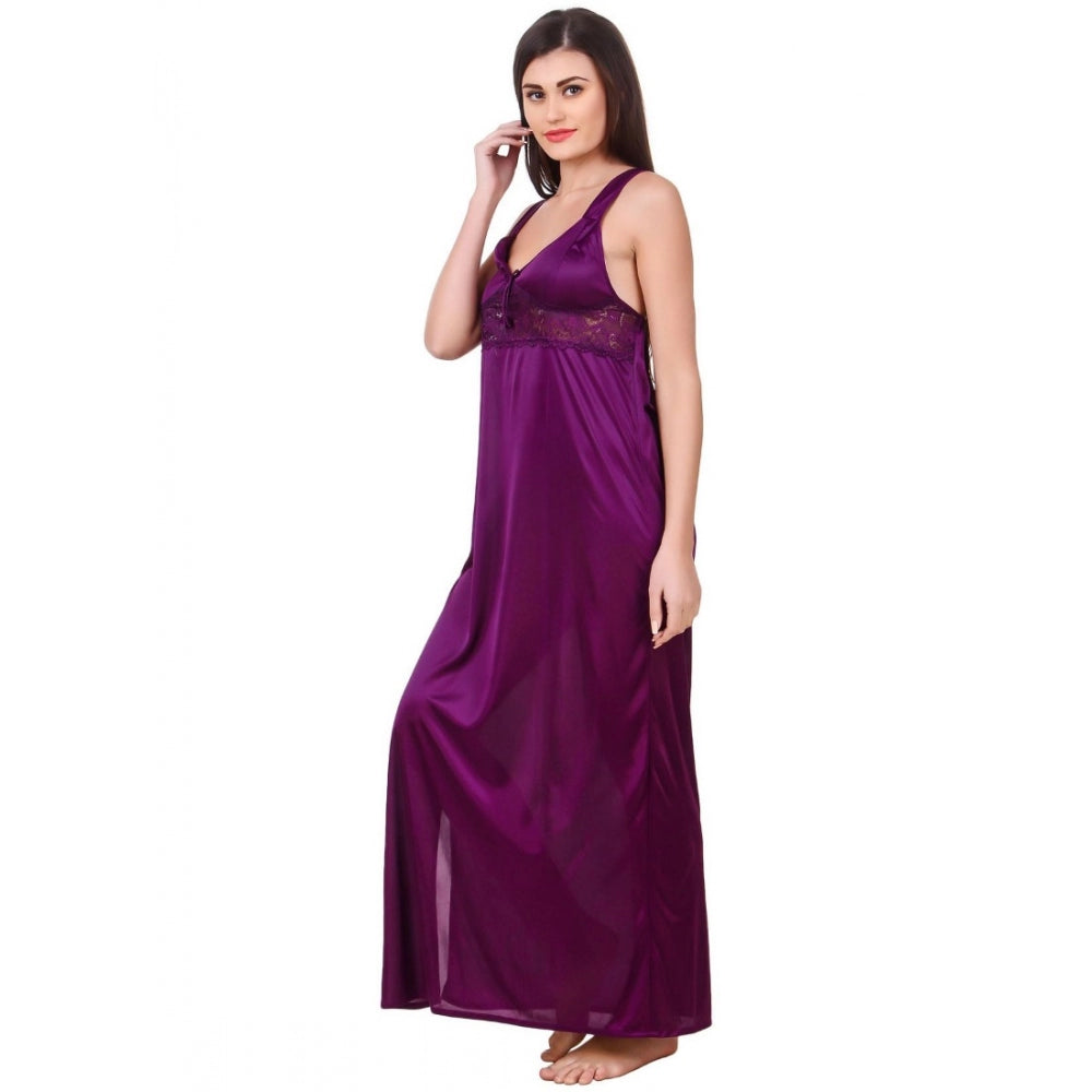 Vaystra Satin 2 PCs Set of Nighty And Wrap Gown with Half Sleeve – Purple