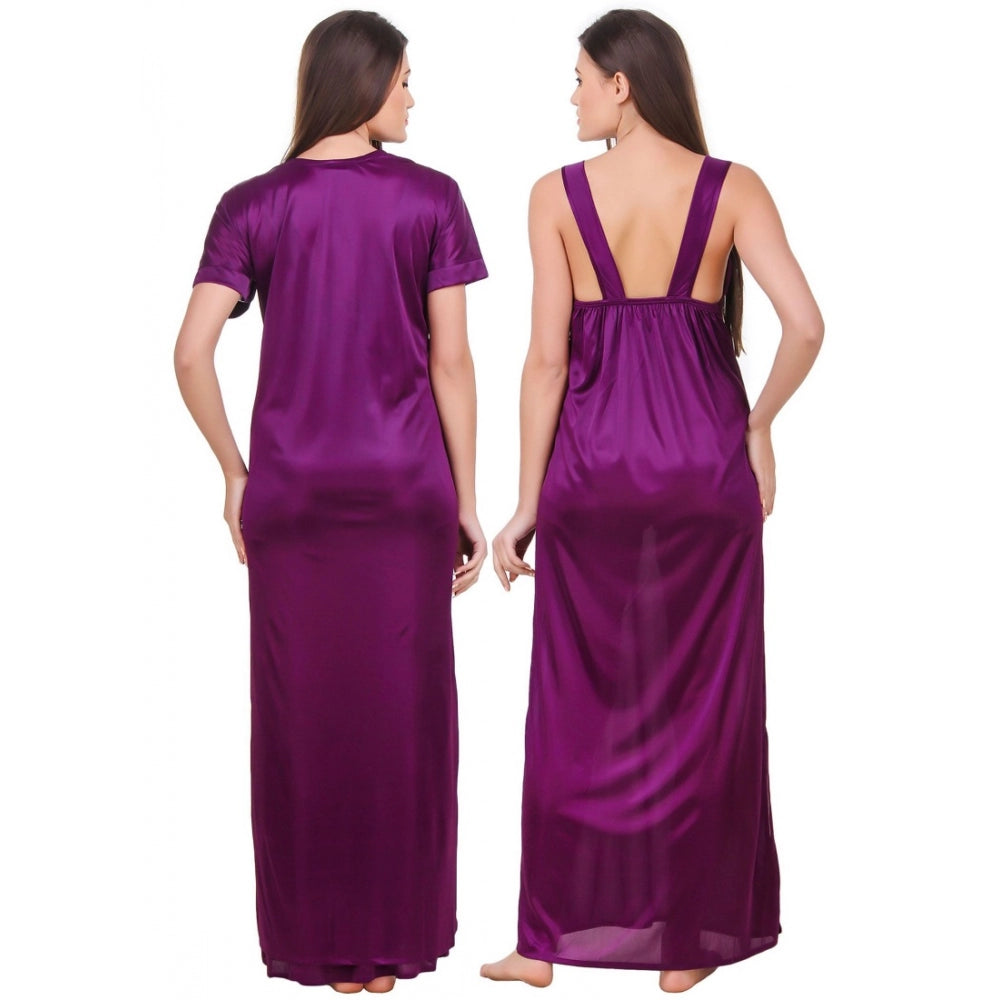 Vaystra Satin 2 PCs Set of Nighty And Wrap Gown with Half Sleeve – Purple