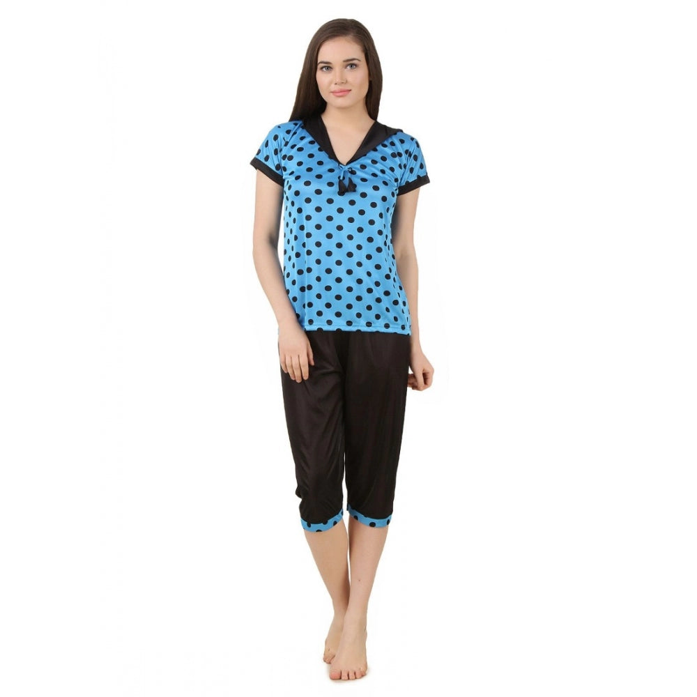 Vaystra Satin 3 Pc Set of Short Nighty, Top, Capry Half Sleeve – Blue