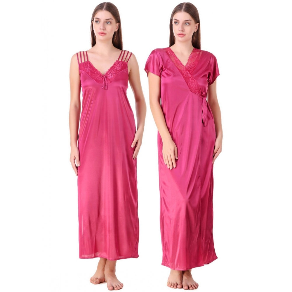 Vaystra Satin 2 PCs Set of Nighty And Wrap Gown with Half Sleeve – Coral Pink