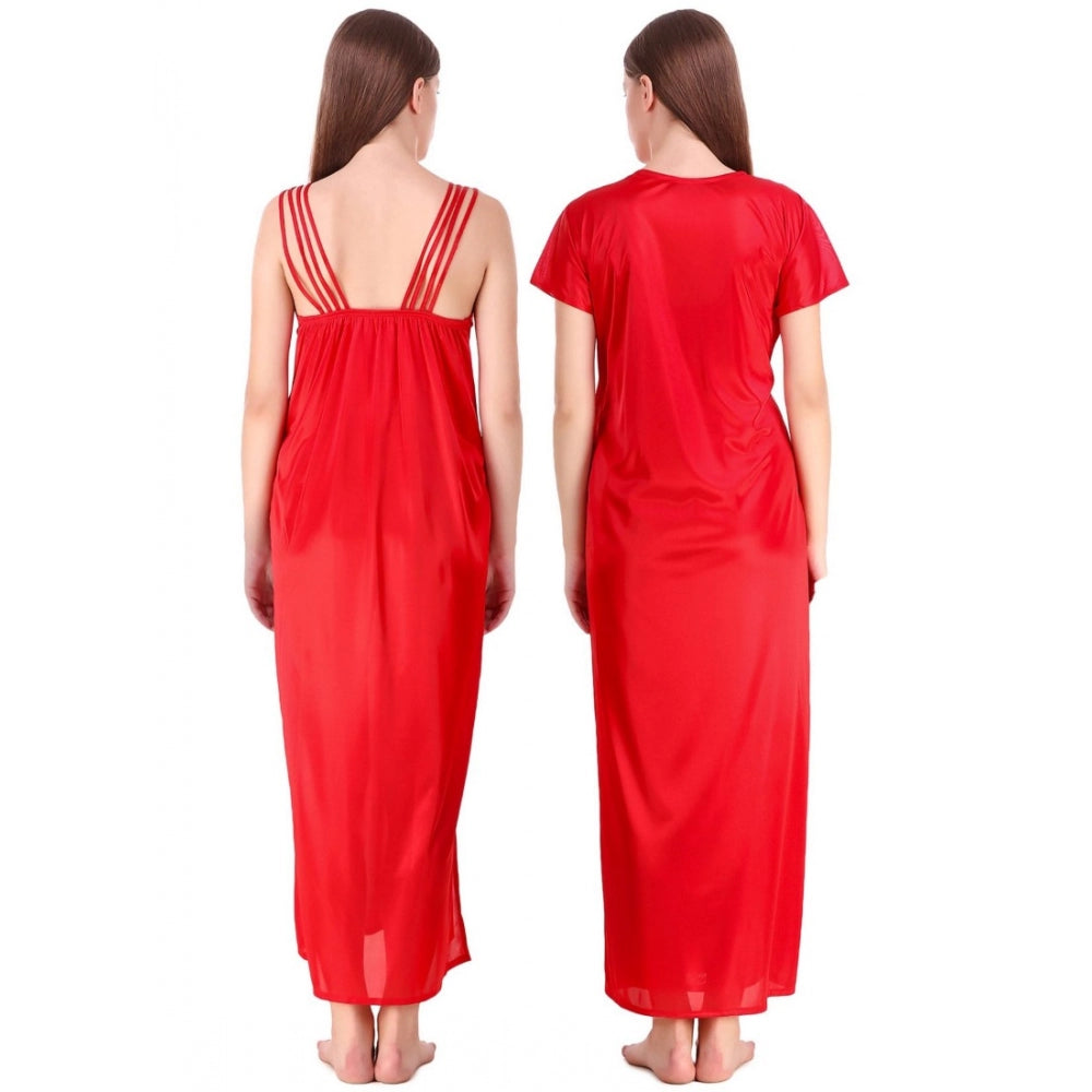 Vaystra Satin 2 PCs Set of Nighty And Wrap Gown with Half Sleeve – Red