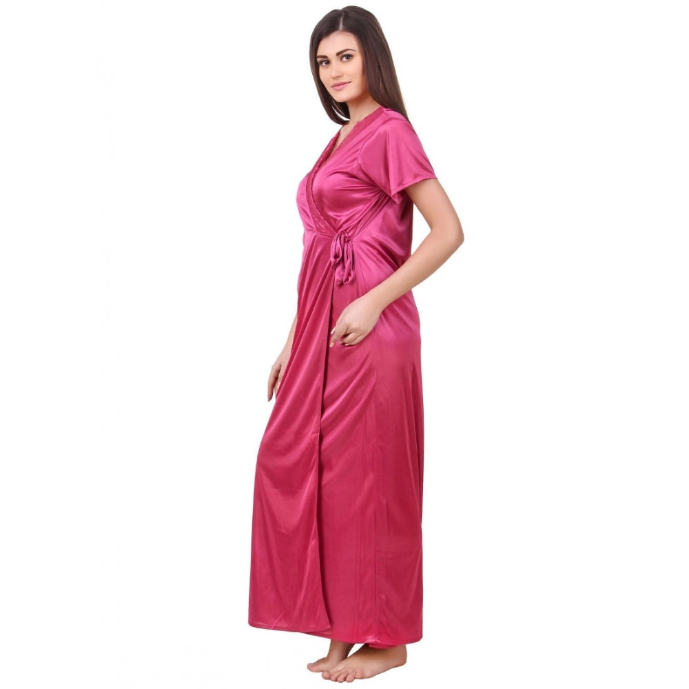 Vaystra Satin 2 PCs Set of Nighty And Wrap Gown with Half Sleeve – Coral Pink