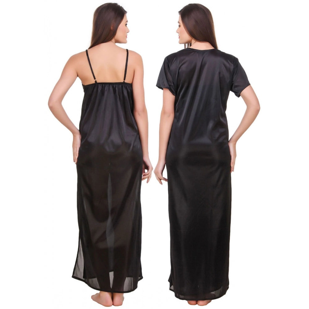 Vaystra Satin 2 PCs Set of Nighty And Wrap Gown with Half Sleeve – Black