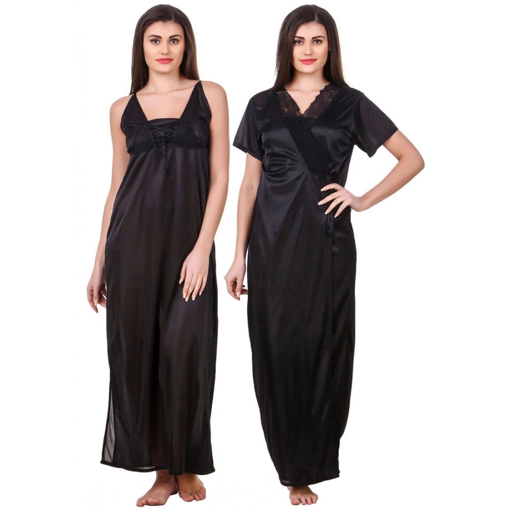 Vaystra Satin 2 PCs Set of Nighty And Wrap Gown with Half Sleeve – Black