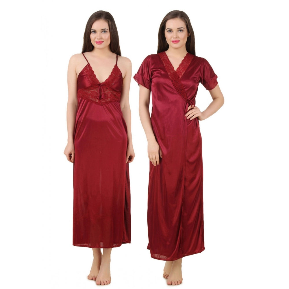 Vaystra Satin 2 PCs Set of Nighty And Wrap Gown with Half Sleeve – Maroon