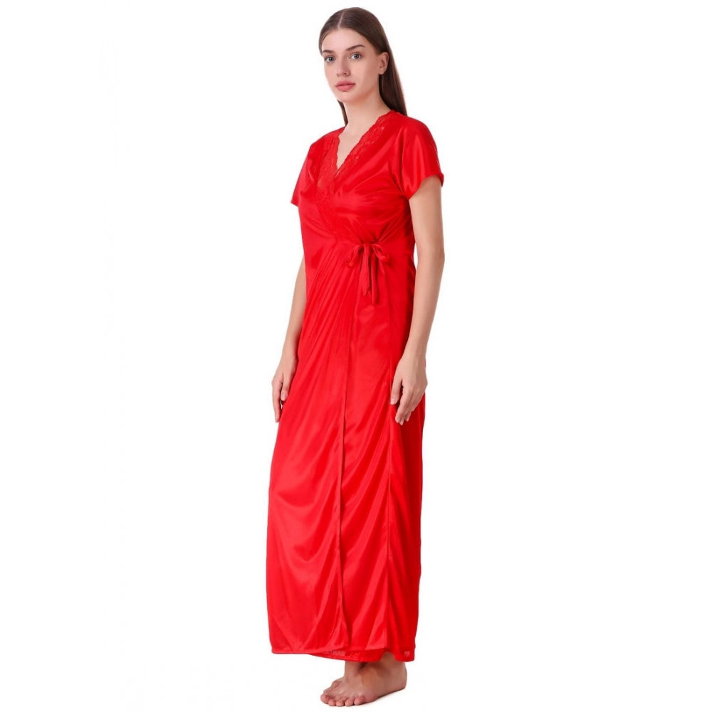 Vaystra Satin 2 PCs Set of Nighty And Wrap Gown with Half Sleeve – Red