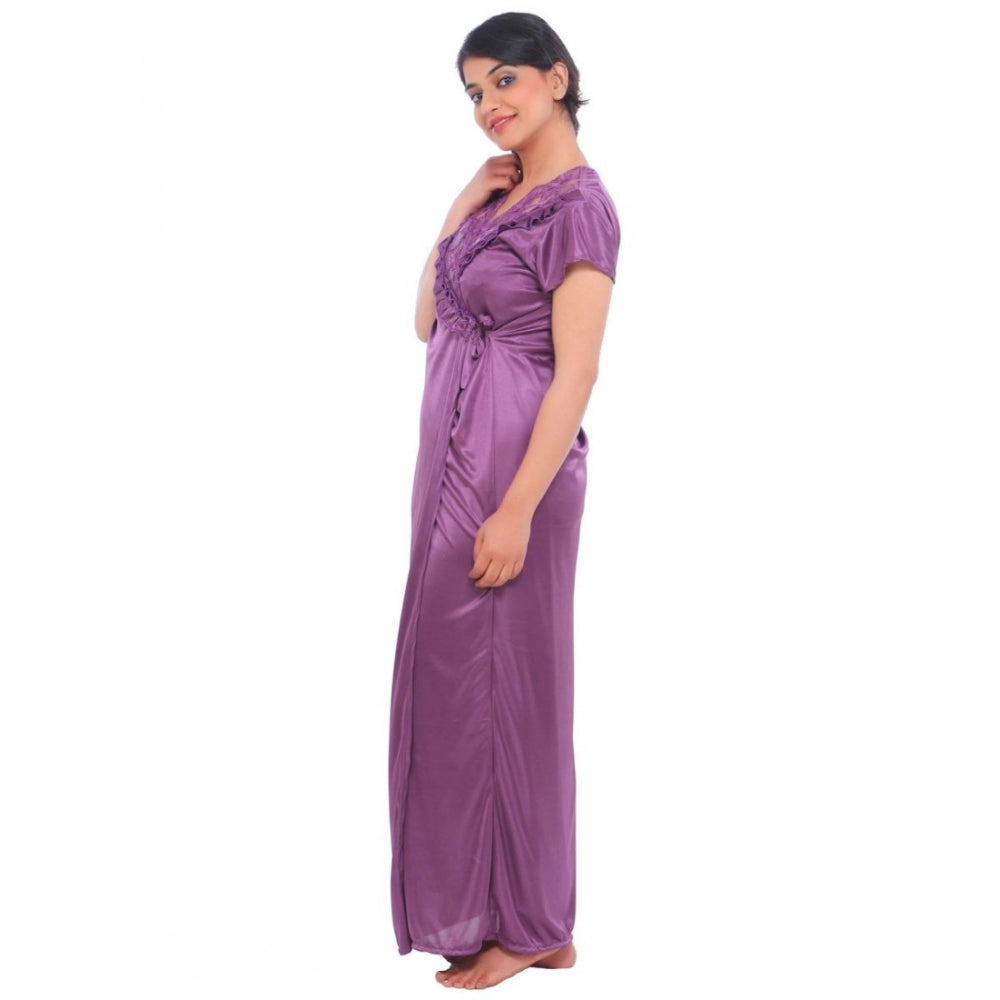 Vaystra Satin 2 PCs Set Of Nighty And Wrap Gown Mega Sleeve – Purple