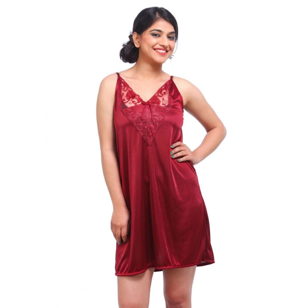 Vaystra Satin 2 PCs Set Of Nighty And Wrap Gown with Half Sleeve Nightdress – Maroon