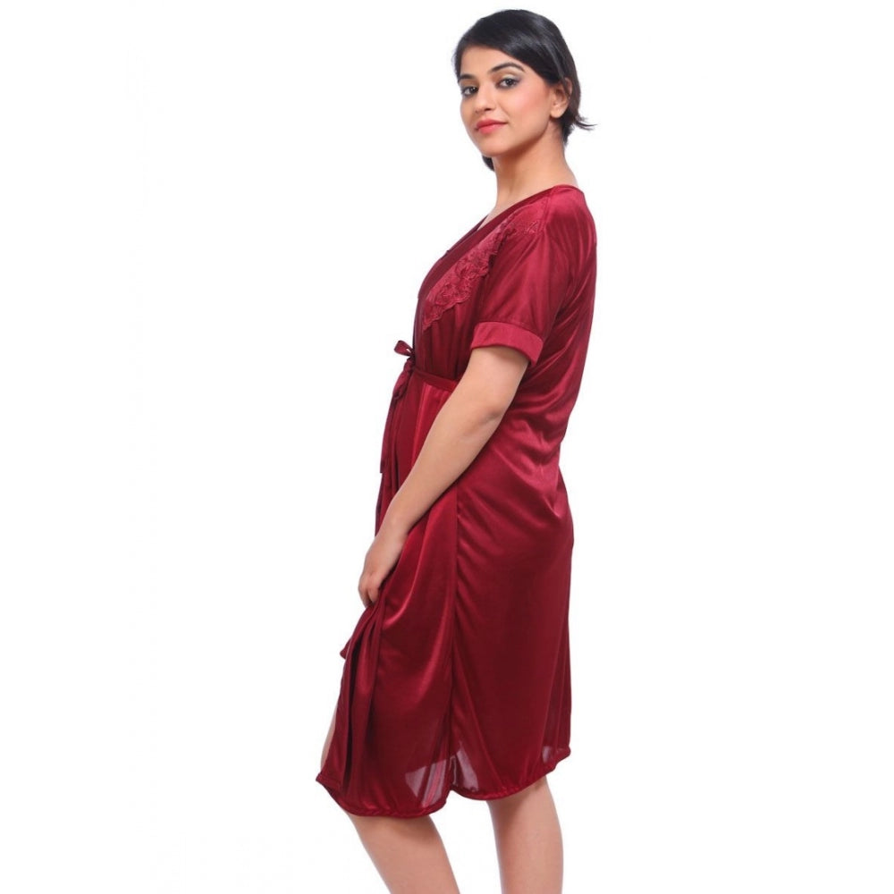 Vaystra Satin 2 PCs Set Of Nighty And Wrap Gown with Half Sleeve Nightdress – Maroon