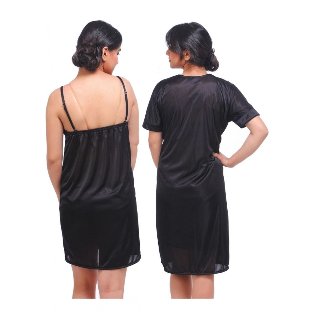 Vaystra Satin 2 PCs Set Of Nighty And Wrap Gown with Half Sleeve Nightdress – Black