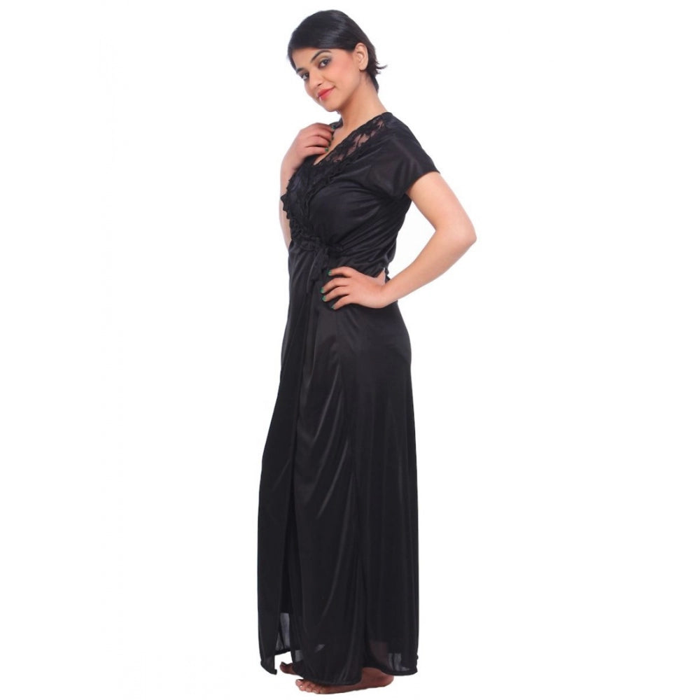 Vaystra Satin 2 PCs Set Of Nighty And Wrap Gown Mega Sleeve – Black
