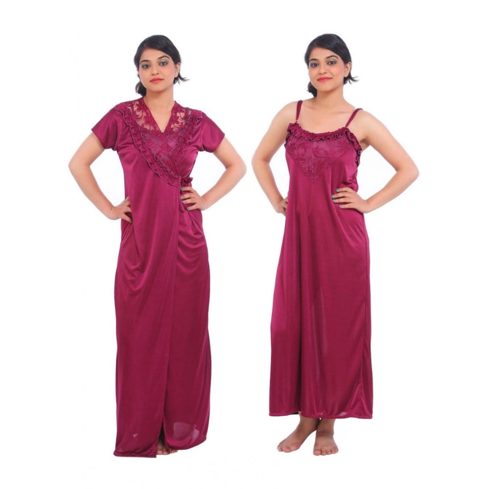 Vaystra Satin 2 PCs Set Of Nighty And Wrap Gown Mega Sleeve – Wine