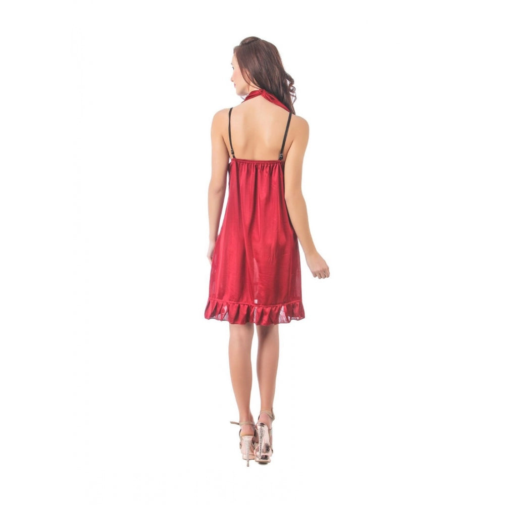 Vaystra Satin Short Nighty with Sleeve Less – Maroon Black