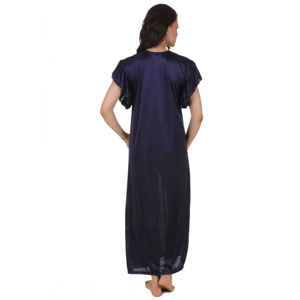 Vaystra Satin Long Nighty Frill Sleeve – Navy Blue