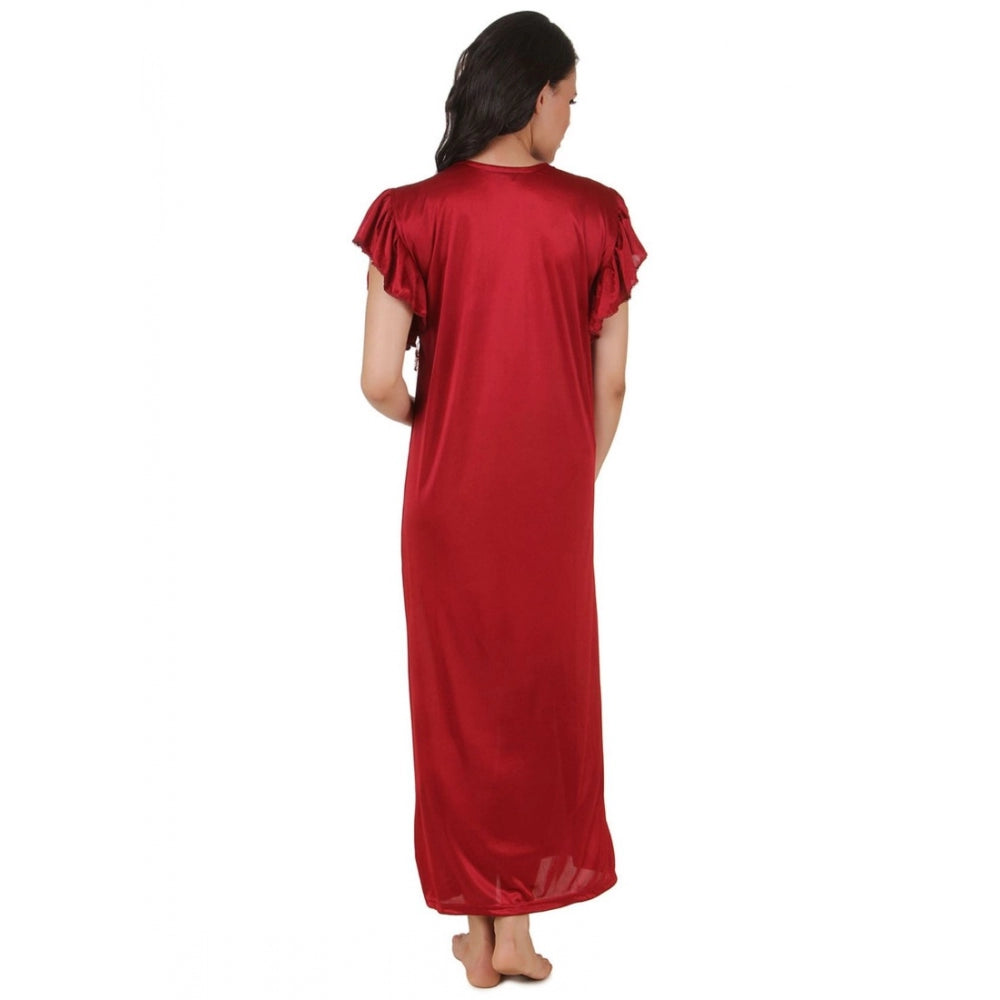 Vaystra Satin Long Nighty Frill Sleeve – Maroon