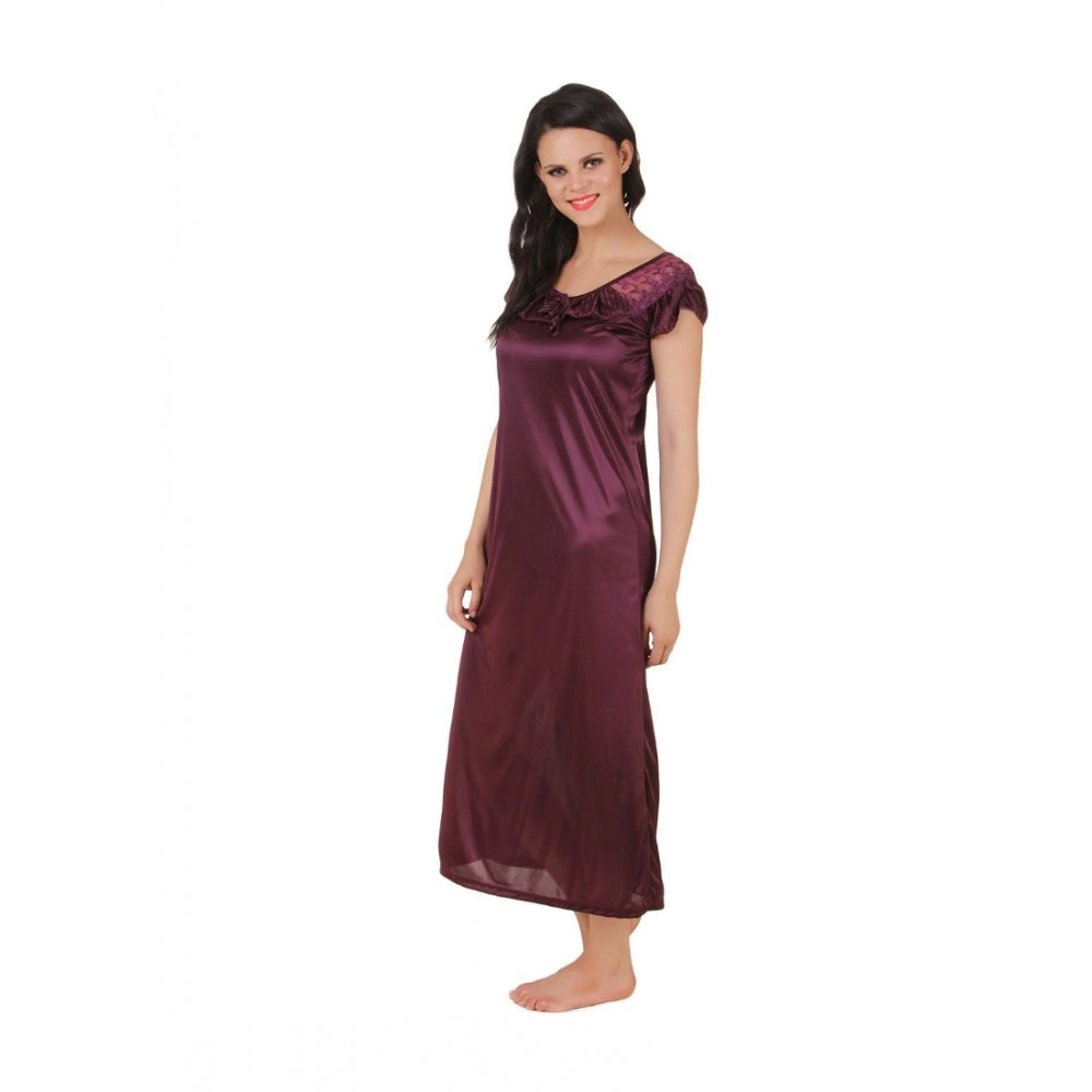 Vaystra Satin 2 PCs Set Of Nighty And Wrap Gown with Half Sleeve – Choclate Brown