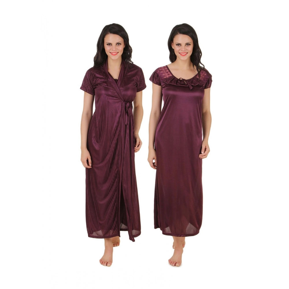 Vaystra Satin 2 PCs Set Of Nighty And Wrap Gown with Half Sleeve – Choclate Brown