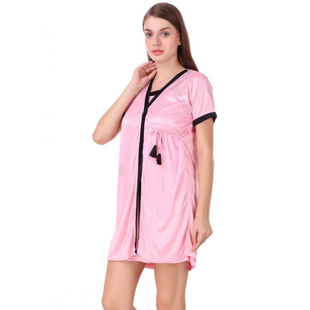 Vaystra Satin Short Wrap Gown with Half Sleeve – Baby Pink & Black