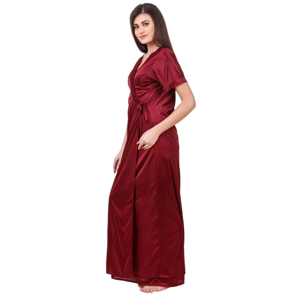 Vaystra Satin 2 PCs Set of Nighty And Wrap Gown with Half Sleeve – Maroon