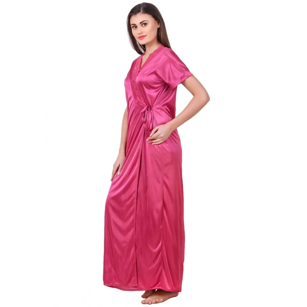 Vaystra Satin 2 PCs Set of Nighty And Wrap Gown with Half Sleeve – Coral Pink