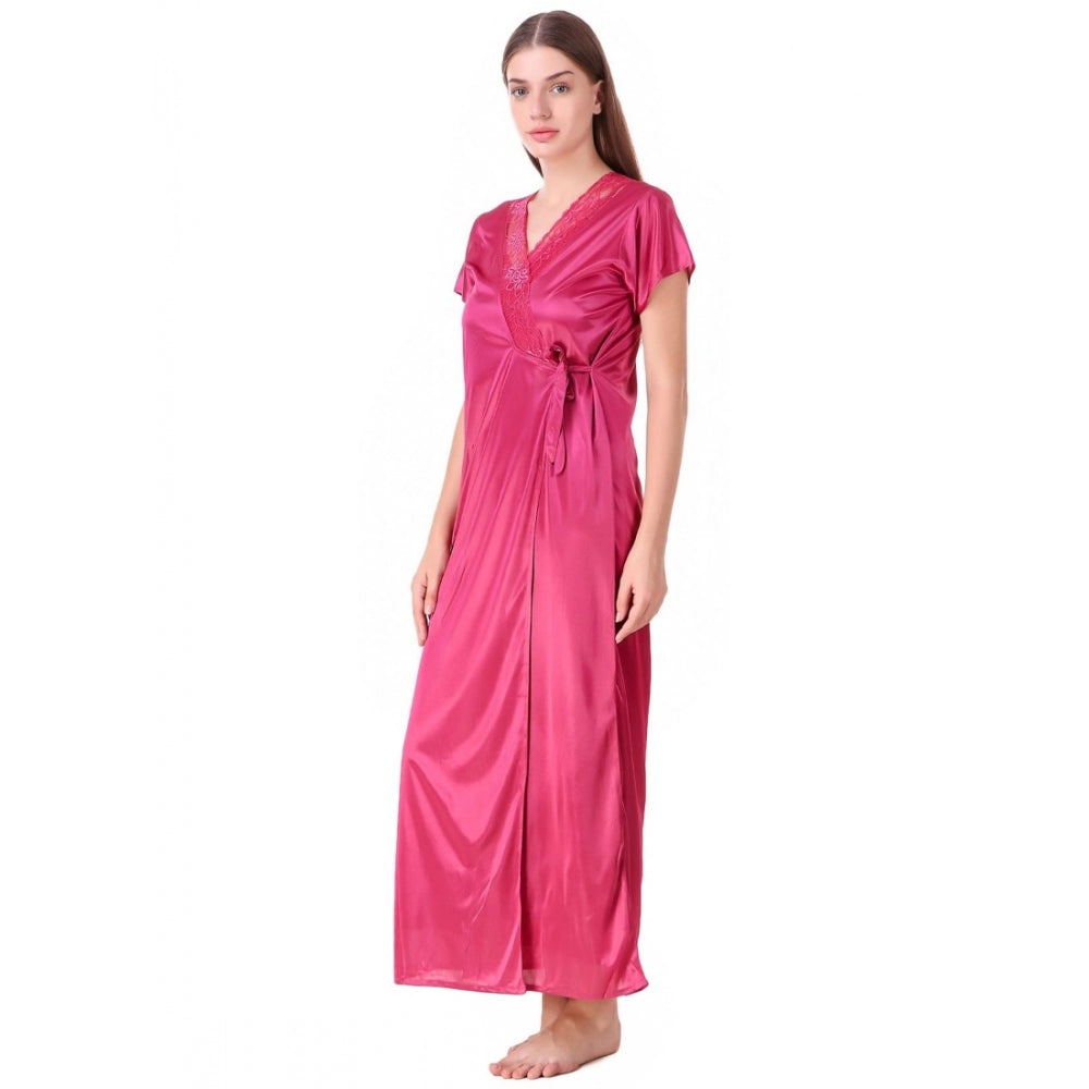 Vaystra Satin 2 PCs Set of Nighty And Wrap Gown with Half Sleeve – Coral Pink