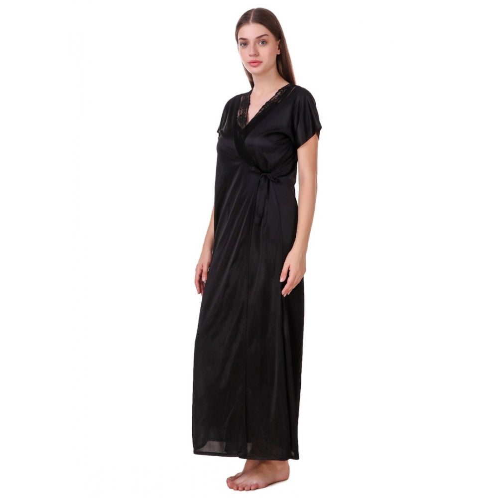 Vaystra Satin 2 PCs Set of Nighty And Wrap Gown with Half Sleeve – Black