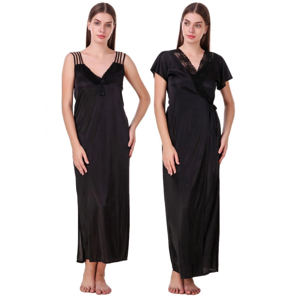 Vaystra Satin 2 PCs Set of Nighty And Wrap Gown with Half Sleeve – Black