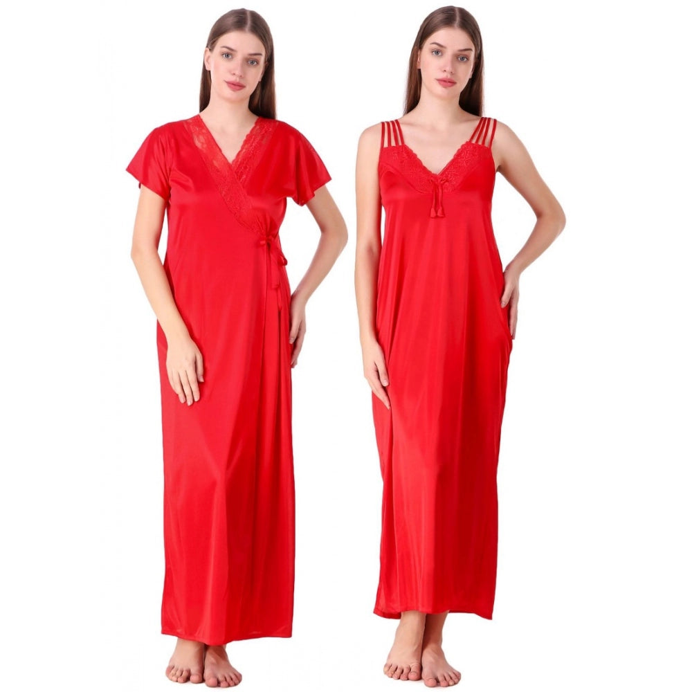Vaystra Satin 2 PCs Set of Nighty And Wrap Gown with Half Sleeve – Red