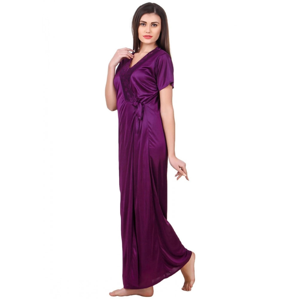Vaystra Satin 2 PCs Set of Nighty And Wrap Gown with Half Sleeve – Purple