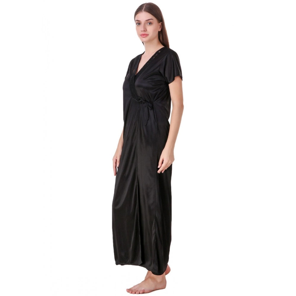 Vaystra Satin 2 PCs Set of Nighty And Wrap Gown with Half Sleeve – Black